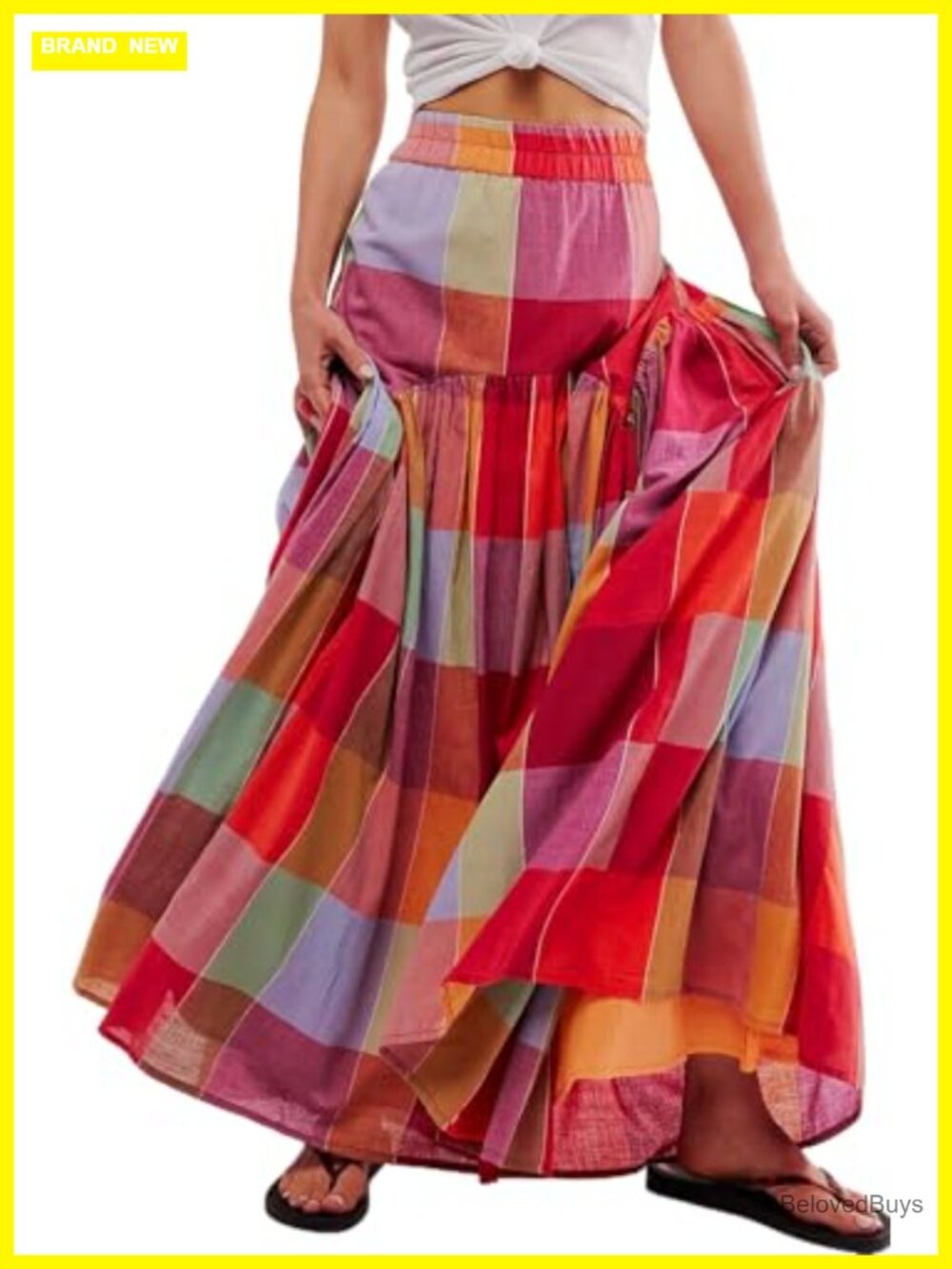 Boho Ruched Plaid High Waist Floor Length Maxi Skirt